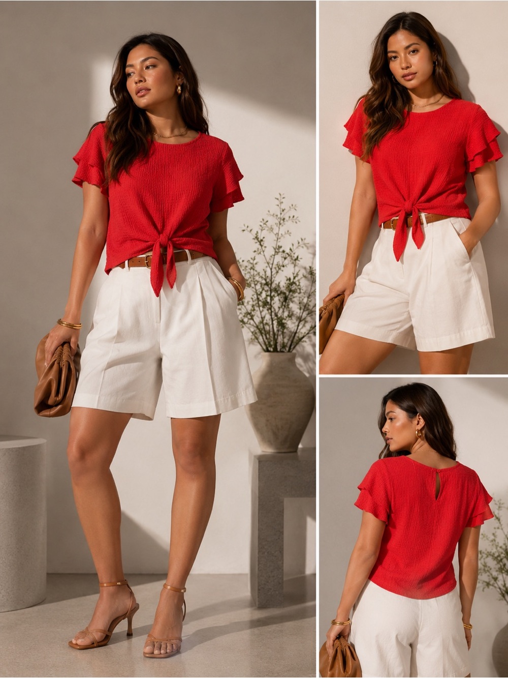 Absolutely Famous Red-Orange Ruffle Sleeve Tie-Front Knit Top | M Casual